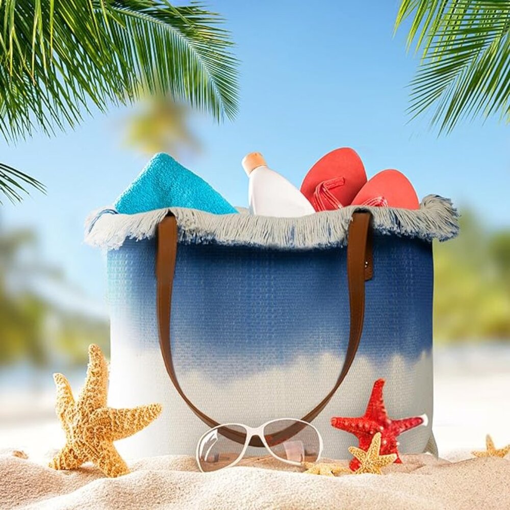 Large Beach, Travel, Work, School, Casuaul Tote Bag - Blue